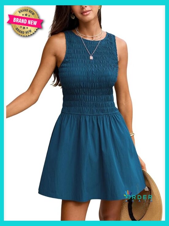 Dresses & Skirts - Smocked Sleeveless Mini Sundress Ruffle A-Line Tank Dress Night Out Cocktail